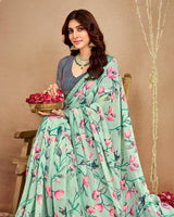 Vishal Prints Mist Green Printed Georgette Saree With Fancy Border