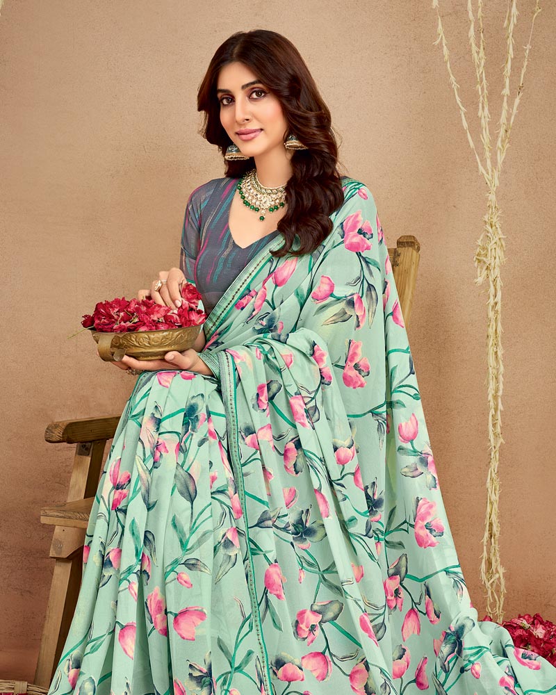 Vishal Prints Mist Green Printed Georgette Saree With Fancy Border