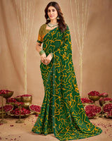 Vishal Prints Dark Forest Green Printed Georgette Saree With Fancy Border
