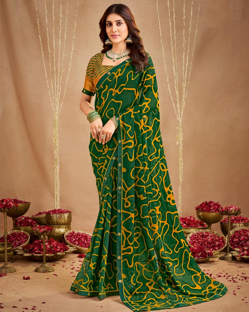 Vishal Prints Dark Forest Green Printed Georgette Saree With Fancy Border