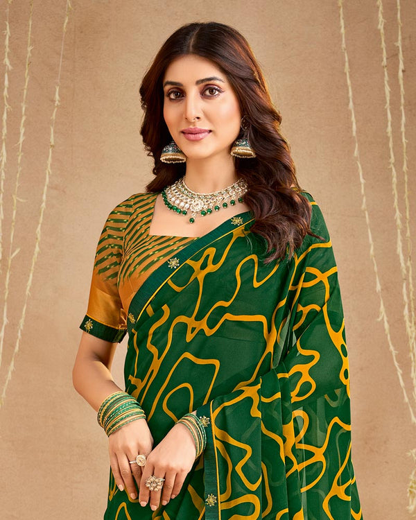Vishal Prints Dark Forest Green Printed Georgette Saree With Fancy Border
