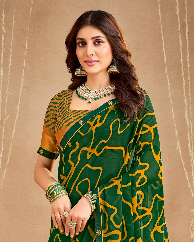 Vishal Prints Dark Forest Green Printed Georgette Saree With Fancy Border