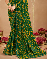 Vishal Prints Dark Forest Green Printed Georgette Saree With Fancy Border