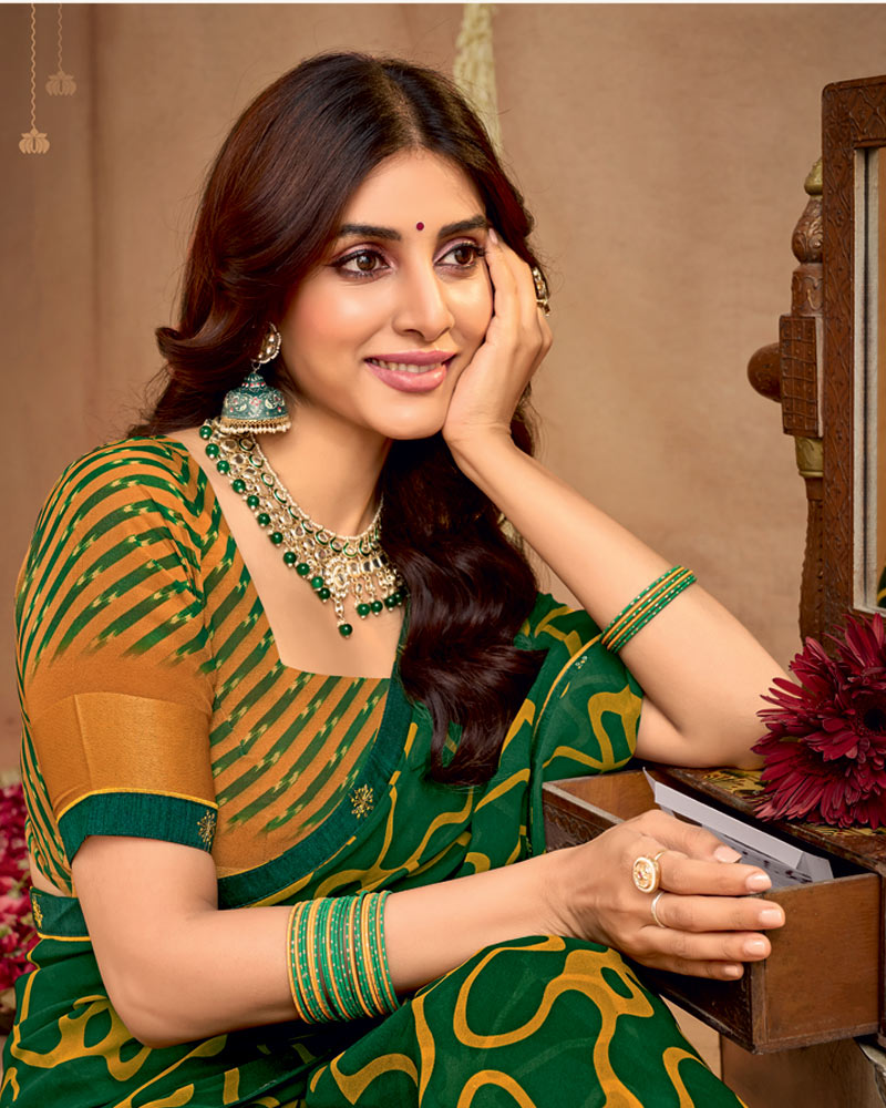 Vishal Prints Dark Forest Green Printed Georgette Saree With Fancy Border