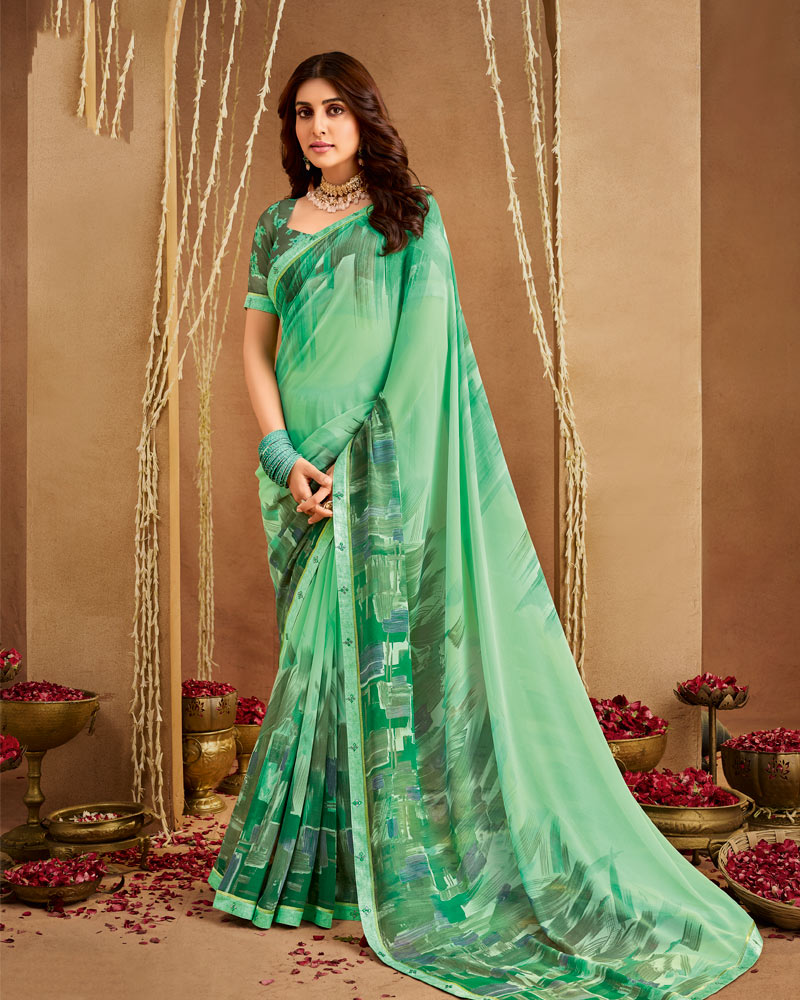 Vishal Prints Summer Green Printed Georgette Saree With Fancy Border