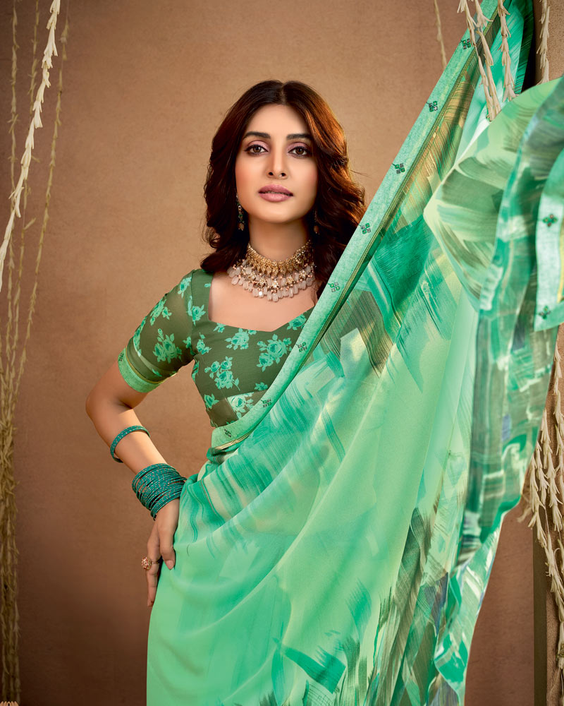 Vishal Prints Summer Green Printed Georgette Saree With Fancy Border