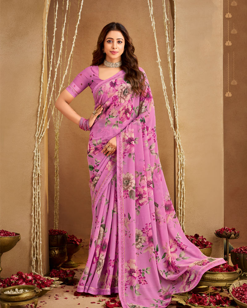 Vishal Prints Pale Magenta Printed Georgette Saree With Fancy Border