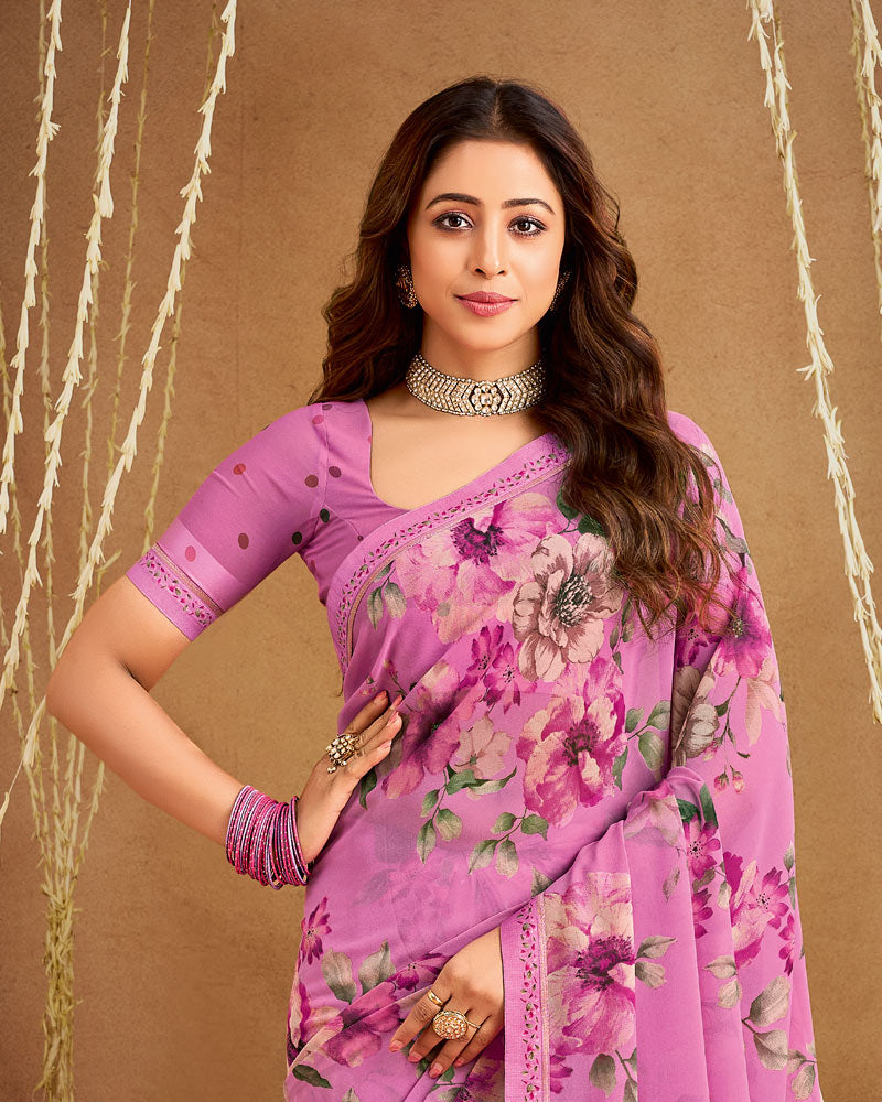Vishal Prints Pale Magenta Printed Georgette Saree With Fancy Border