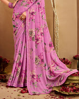 Vishal Prints Pale Magenta Printed Georgette Saree With Fancy Border