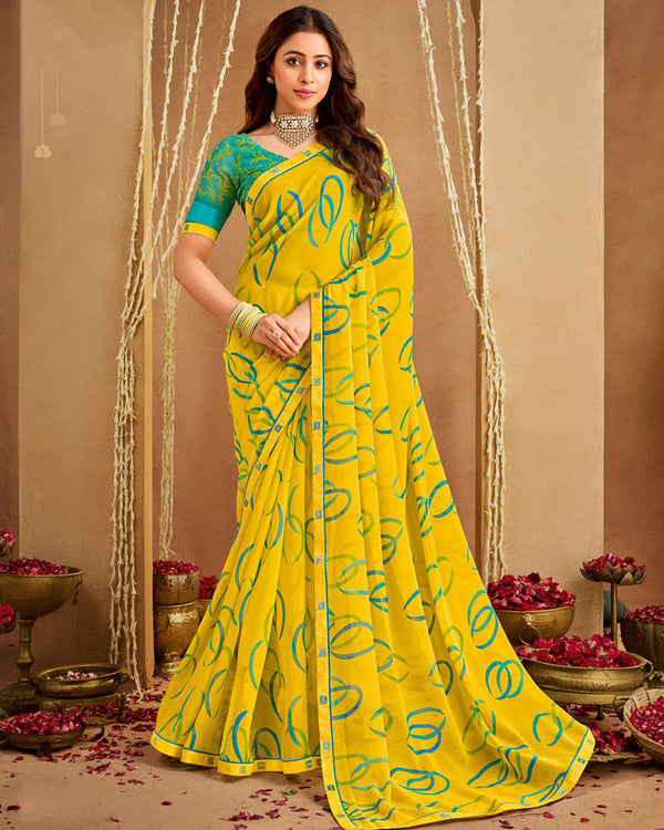 Vishal Prints Golden Yellow Printed Georgette Saree With Fancy Border
