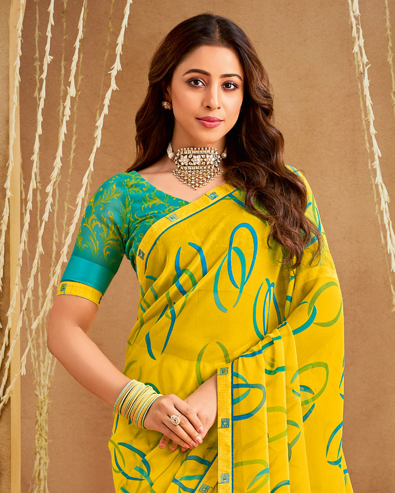 Vishal Prints Golden Yellow Printed Georgette Saree With Fancy Border