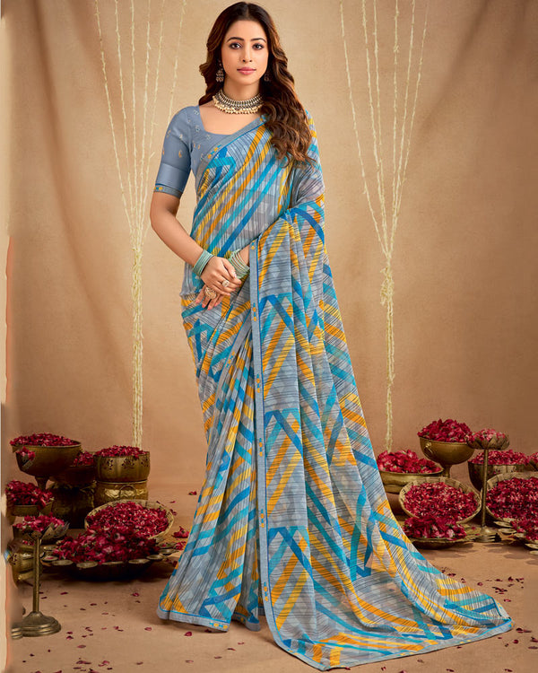 Vishal Prints Cool Grey Printed Georgette Saree With Fancy Border