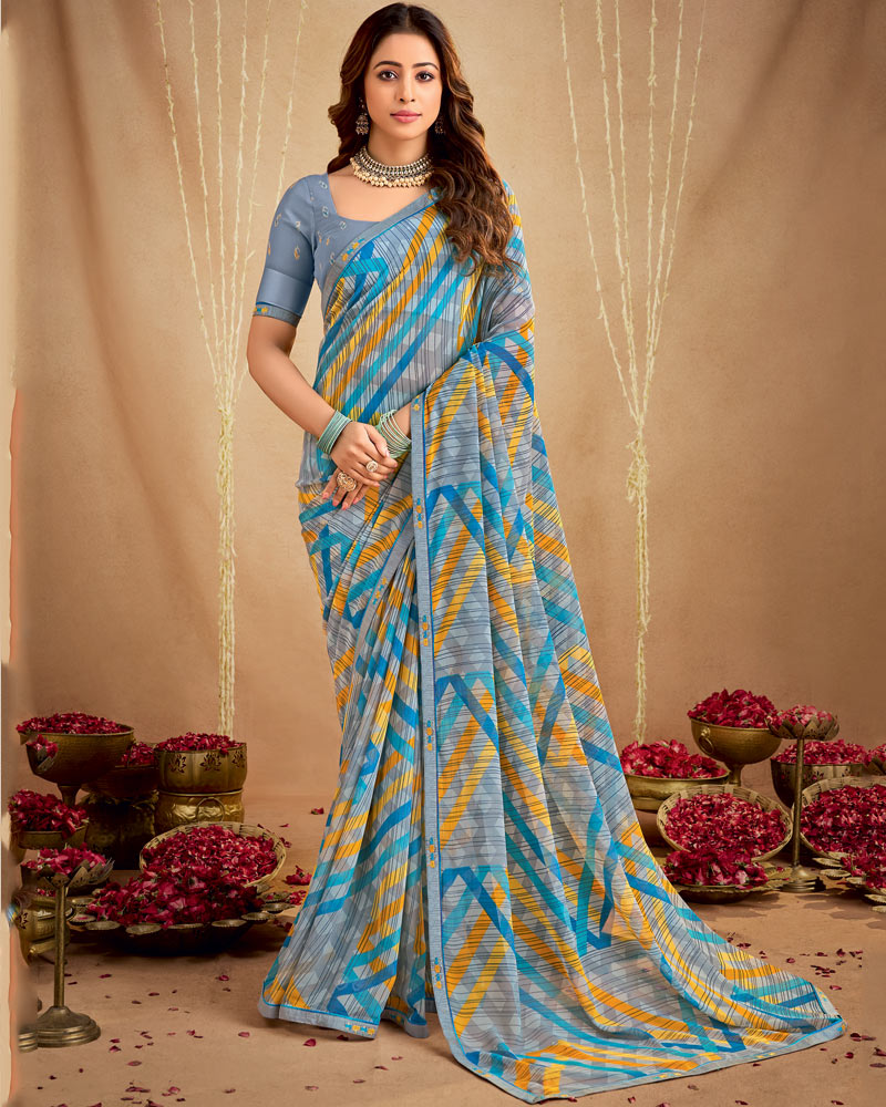 Vishal Prints Cool Grey Printed Georgette Saree With Fancy Border