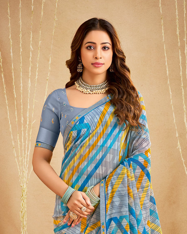 Vishal Prints Cool Grey Printed Georgette Saree With Fancy Border