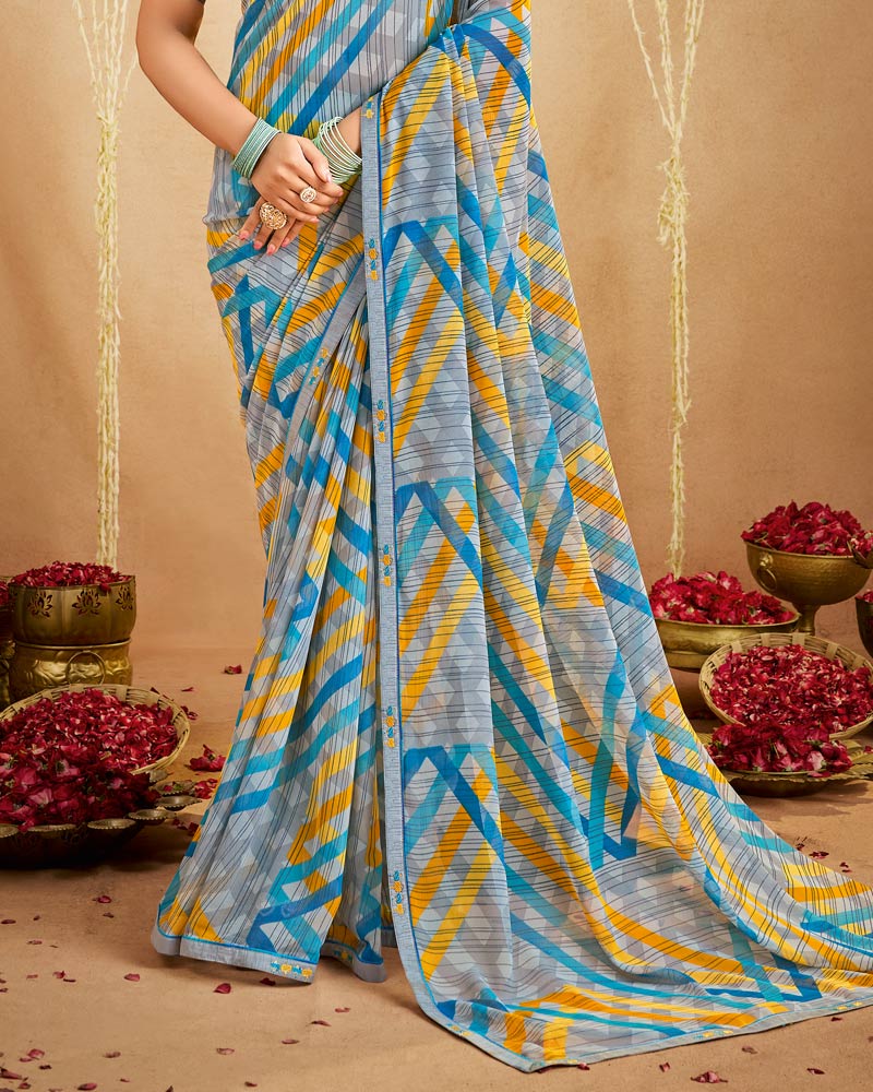 Vishal Prints Cool Grey Printed Georgette Saree With Fancy Border