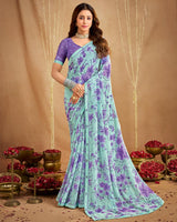 Vishal Prints Pastel Teal Green Printed Georgette Saree With Fancy Border