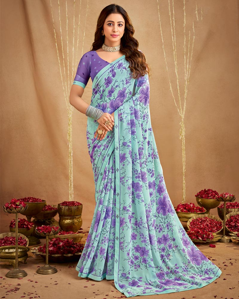 Vishal Prints Pastel Teal Green Printed Georgette Saree With Fancy Border
