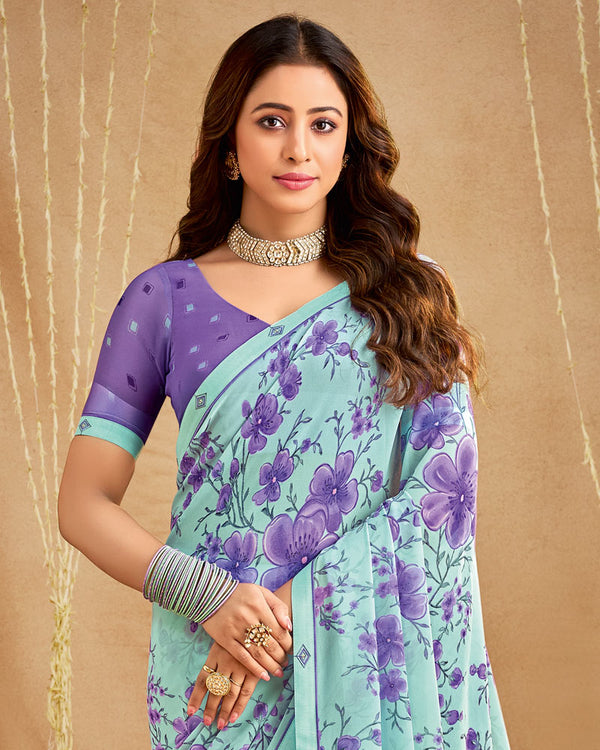 Vishal Prints Pastel Teal Green Printed Georgette Saree With Fancy Border