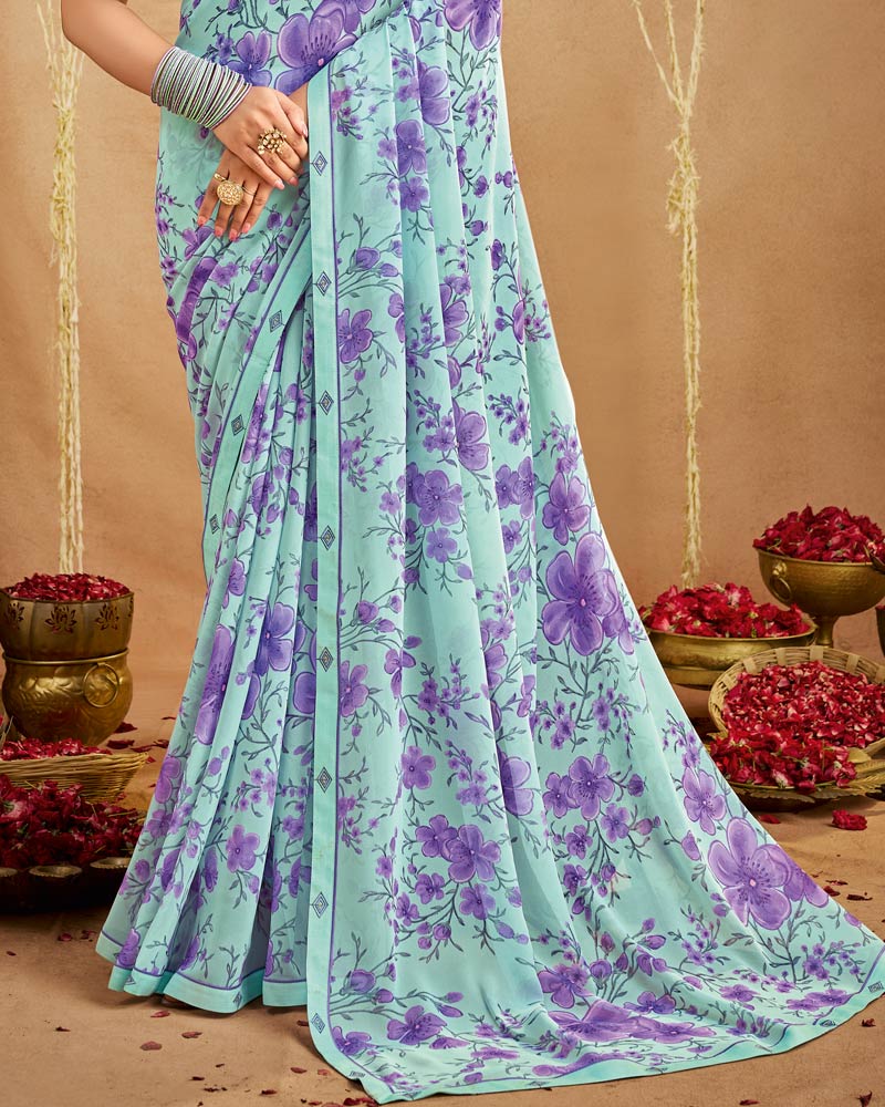 Vishal Prints Pastel Teal Green Printed Georgette Saree With Fancy Border