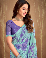 Vishal Prints Pastel Teal Green Printed Georgette Saree With Fancy Border