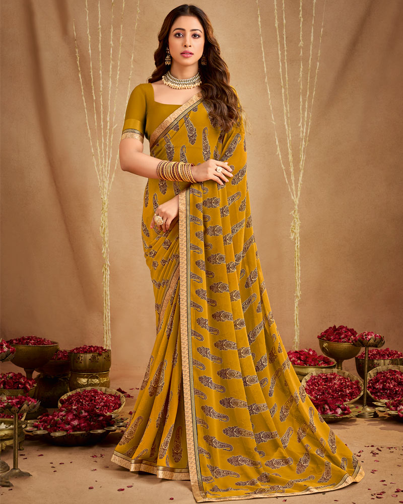 Vishal Prints Mustard Brown Printed Georgette Saree With Fancy Border