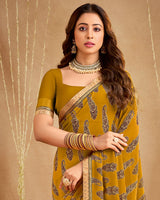 Vishal Prints Mustard Brown Printed Georgette Saree With Fancy Border