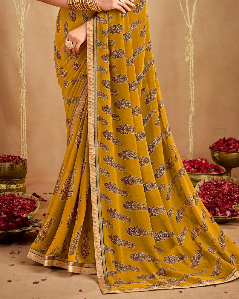 Vishal Prints Mustard Brown Printed Georgette Saree With Fancy Border