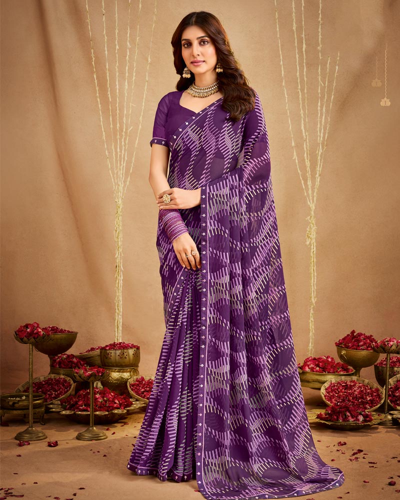 Vishal Prints Plum Purple Printed Georgette Saree With Fancy Border