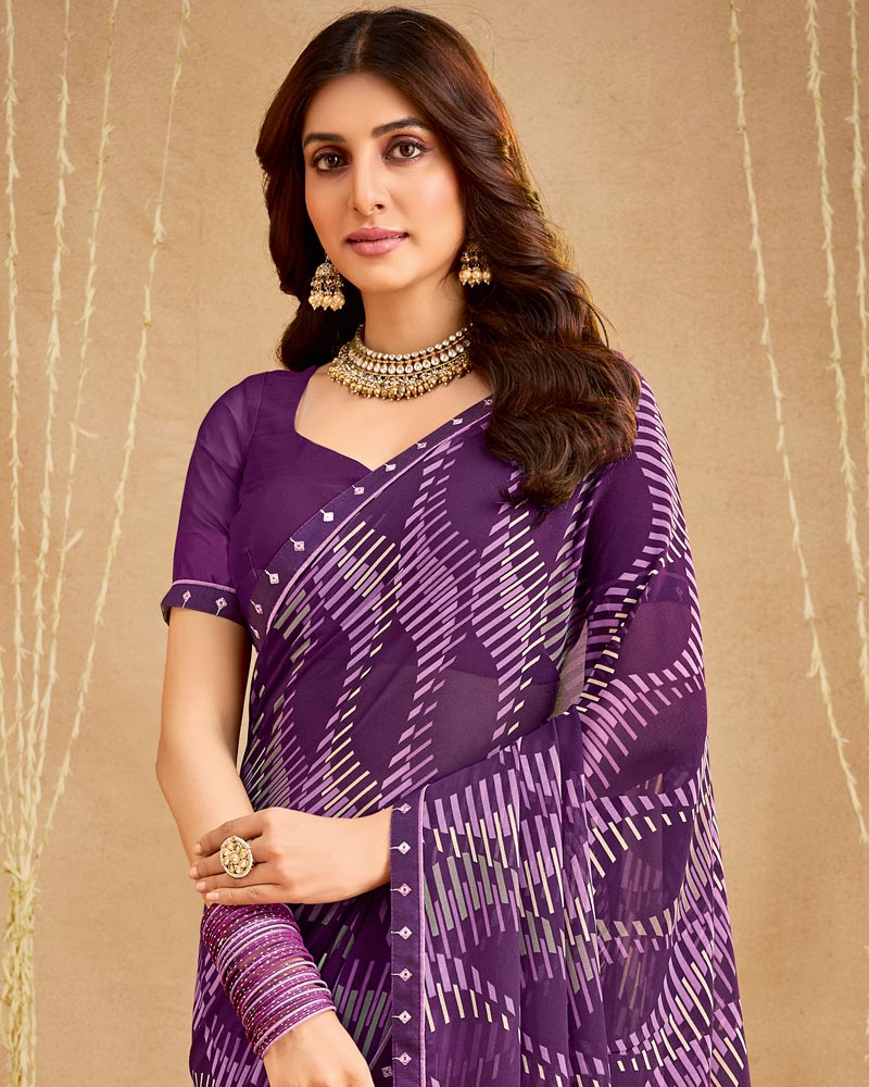 Vishal Prints Plum Purple Printed Georgette Saree With Fancy Border