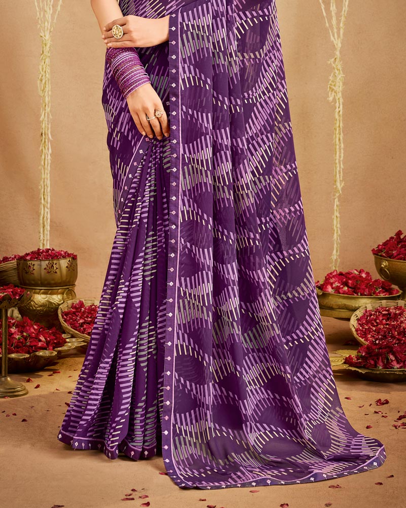Vishal Prints Plum Purple Printed Georgette Saree With Fancy Border