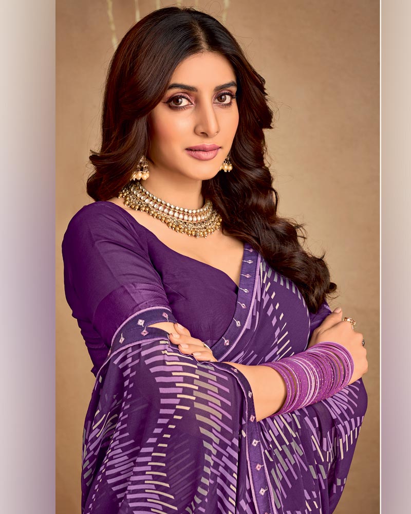 Vishal Prints Plum Purple Printed Georgette Saree With Fancy Border