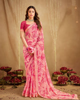 Vishal Prints Light Salmon Pink Printed Georgette Saree With Fancy Border