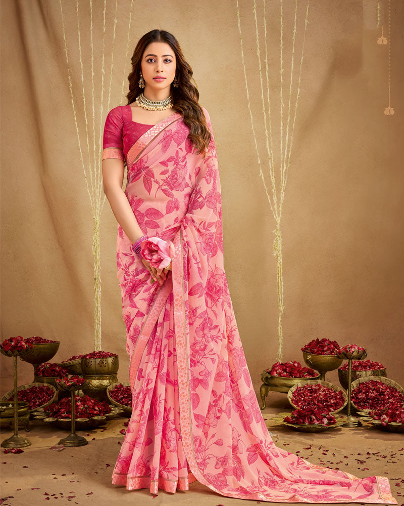 Vishal Prints Light Salmon Pink Printed Georgette Saree With Fancy Border