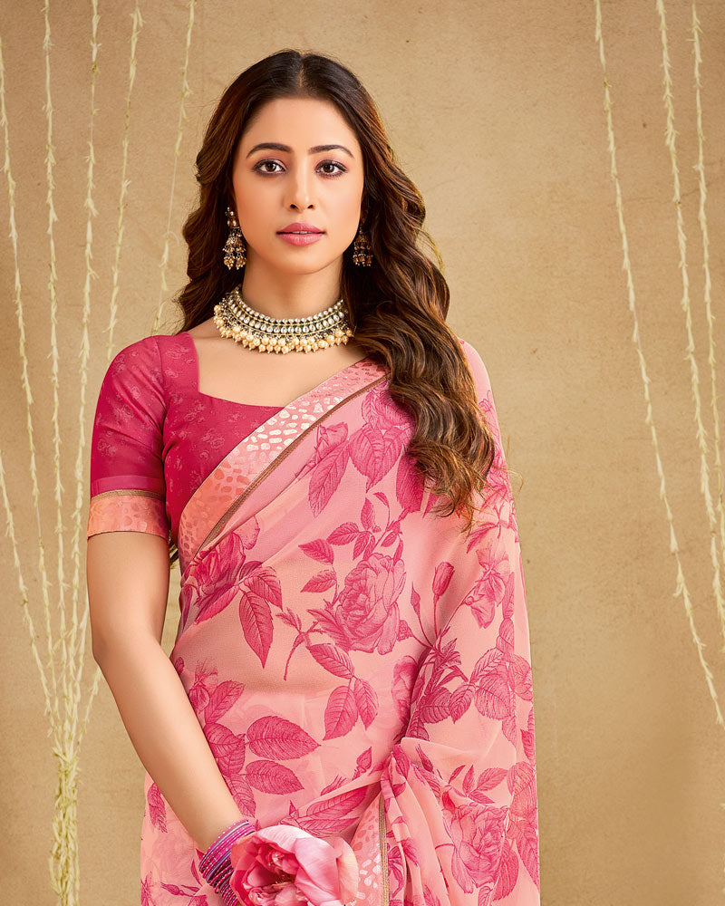 Vishal Prints Light Salmon Pink Printed Georgette Saree With Fancy Border
