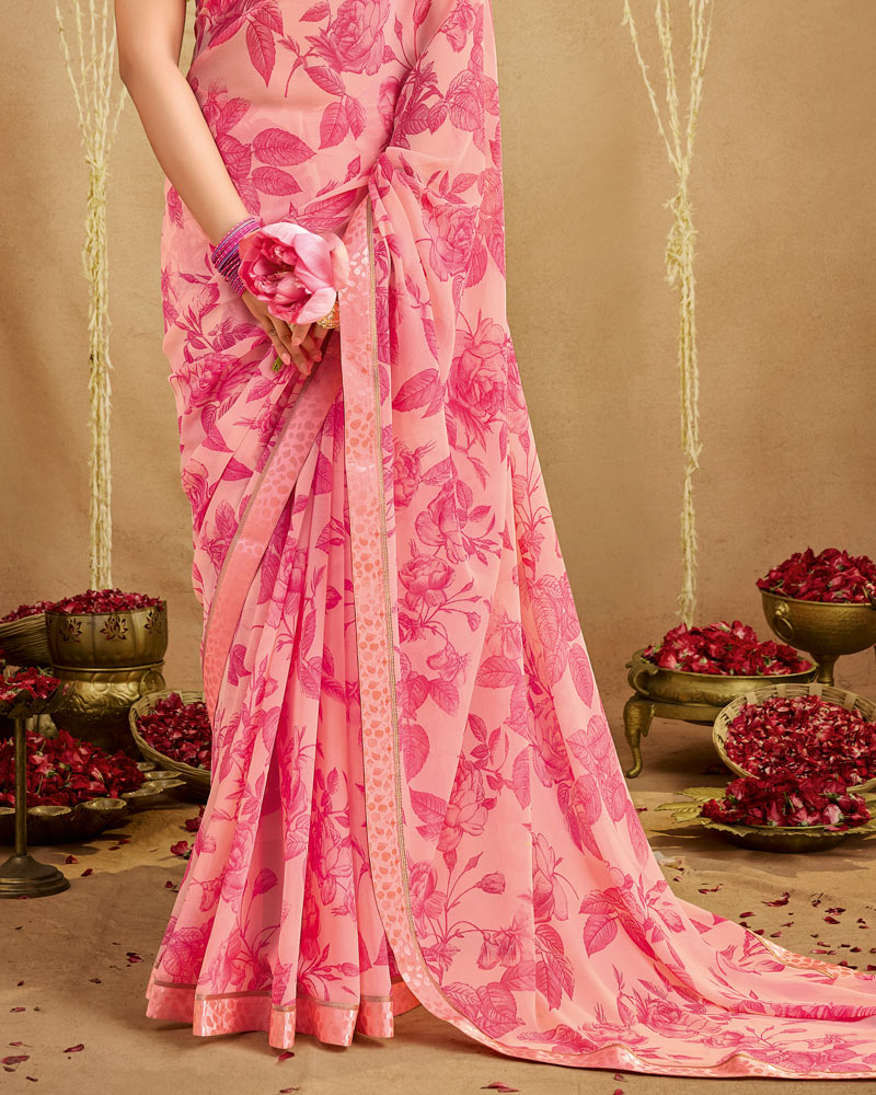 Vishal Prints Light Salmon Pink Printed Georgette Saree With Fancy Border