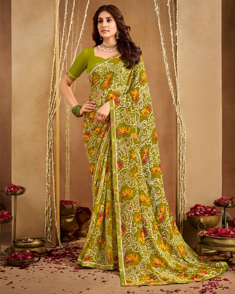 Vishal Prints Olive Yellow Printed Georgette Saree With Fancy Border