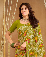 Vishal Prints Olive Yellow Printed Georgette Saree With Fancy Border