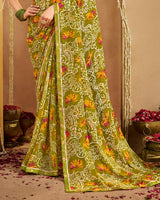 Vishal Prints Olive Yellow Printed Georgette Saree With Fancy Border