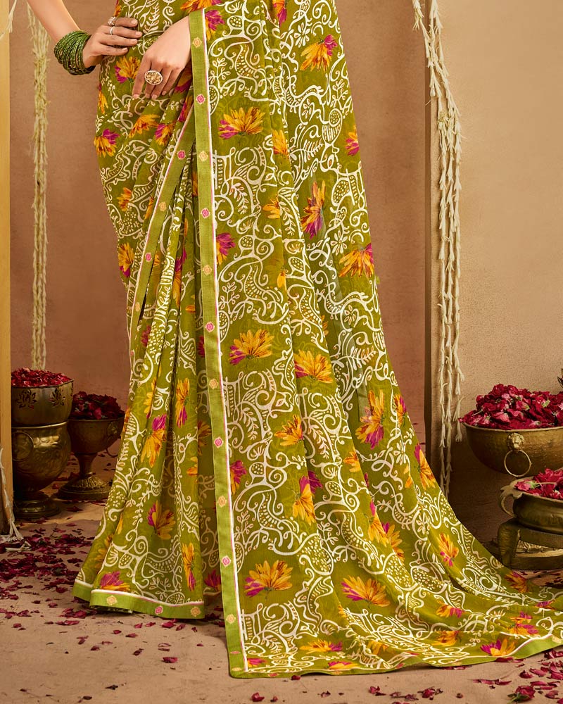 Vishal Prints Olive Yellow Printed Georgette Saree With Fancy Border