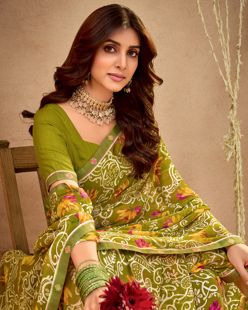 Vishal Prints Olive Yellow Printed Georgette Saree With Fancy Border