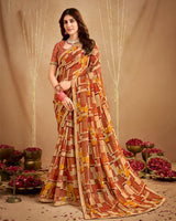 Vishal Prints Rusty Brown Printed Georgette Saree With Fancy Border