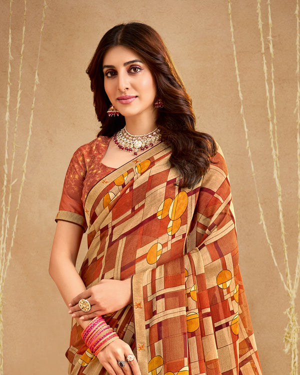 Vishal Prints Rusty Brown Printed Georgette Saree With Fancy Border