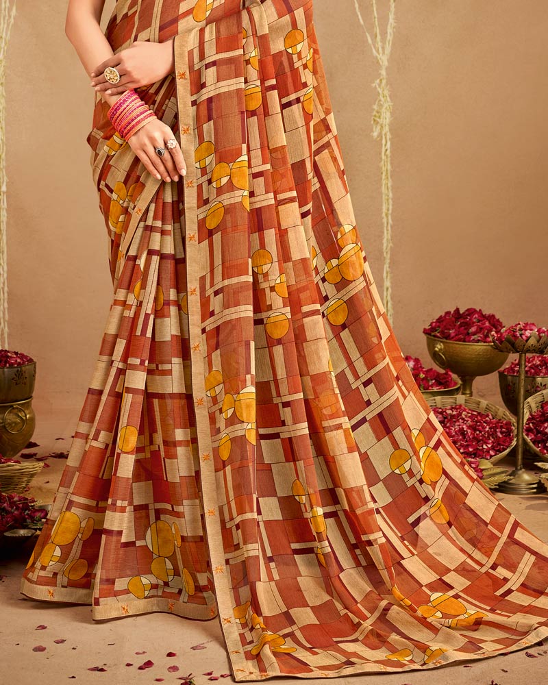 Vishal Prints Rusty Brown Printed Georgette Saree With Fancy Border