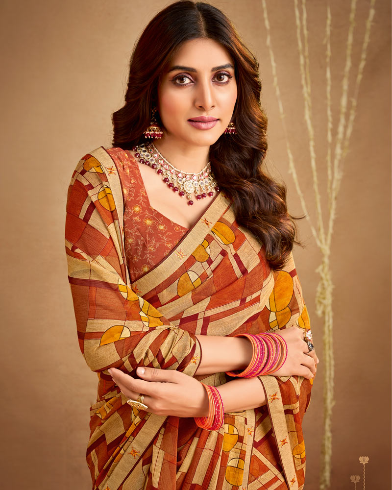 Vishal Prints Rusty Brown Printed Georgette Saree With Fancy Border