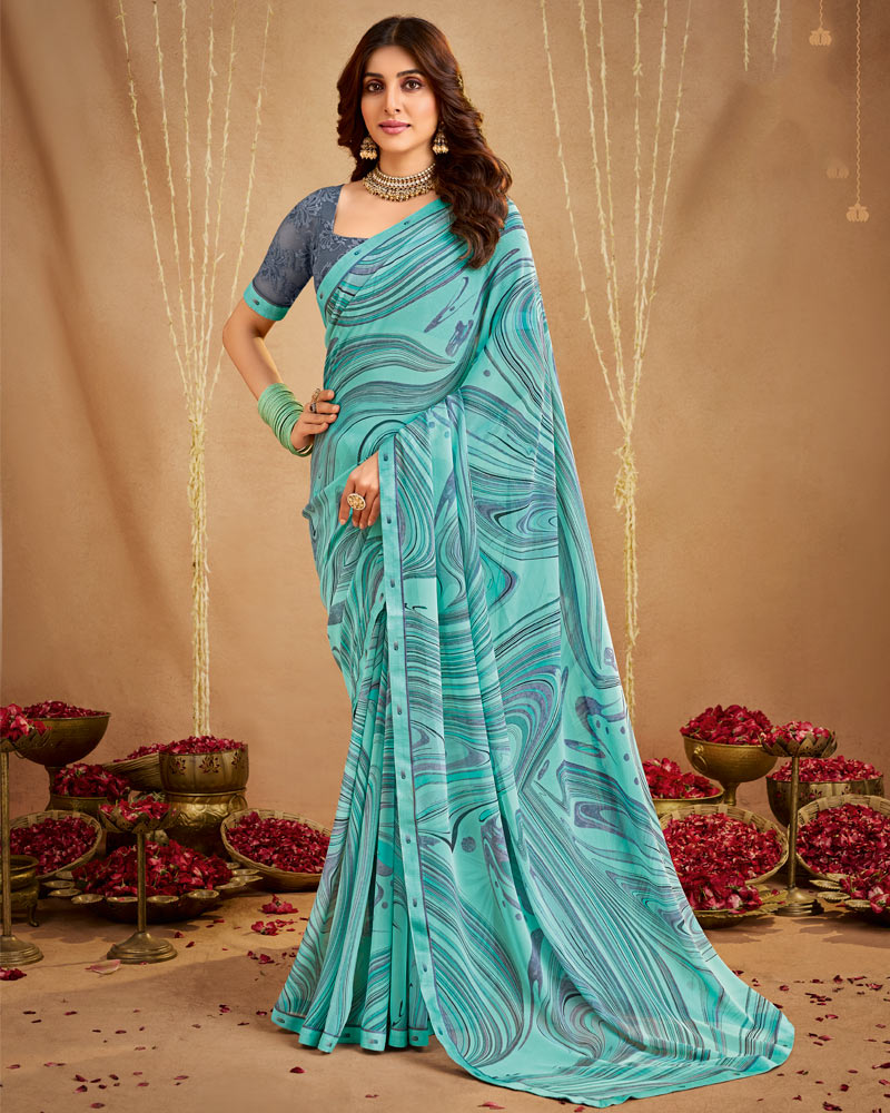 Vishal Prints Neptune Blue Printed Georgette Saree With Fancy Border