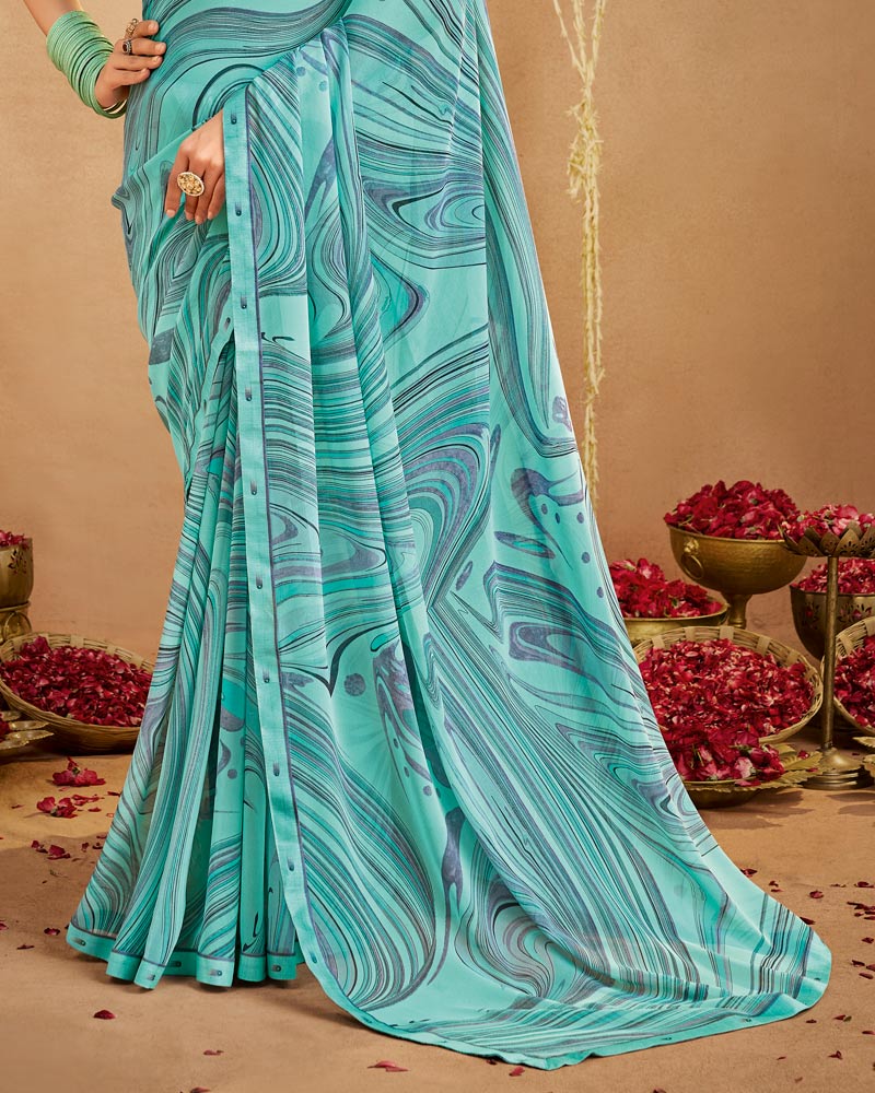 Vishal Prints Neptune Blue Printed Georgette Saree With Fancy Border