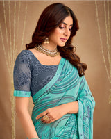 Vishal Prints Neptune Blue Printed Georgette Saree With Fancy Border