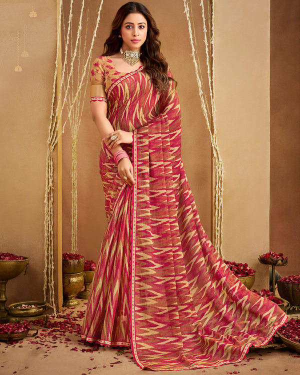 Vishal Prints Dusty Red Printed Georgette Saree With Fancy Border