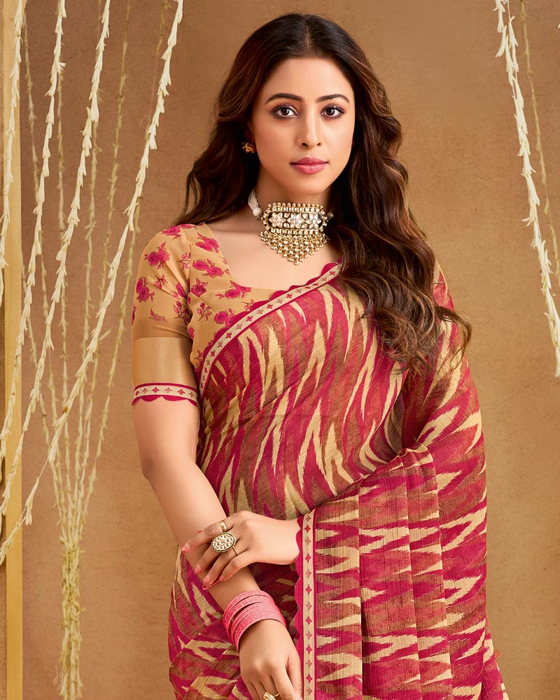 Vishal Prints Dusty Red Printed Georgette Saree With Fancy Border