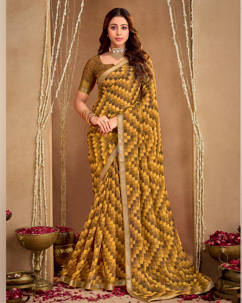 Vishal Prints Earthy Brown And Mustard Printed Georgette Saree With Fancy Border